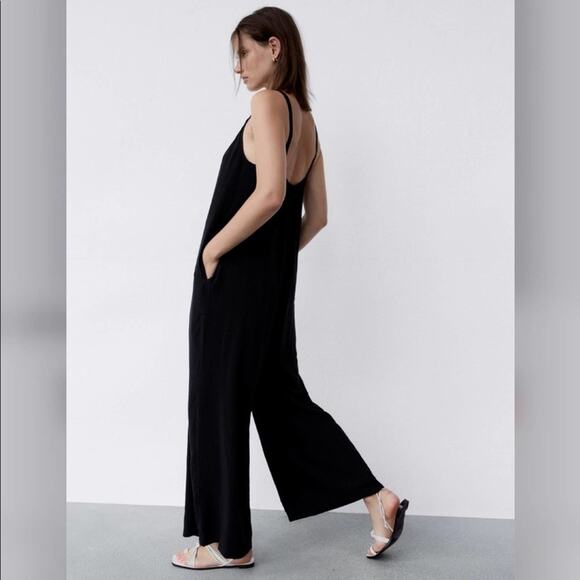 Zara Black Straps Midi Jumpsuit Size Extra Small XS - Picture 1 of 8